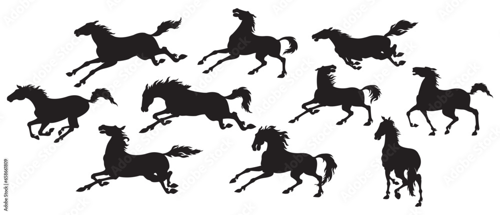 Silhouette of running horses in different poses and movements.