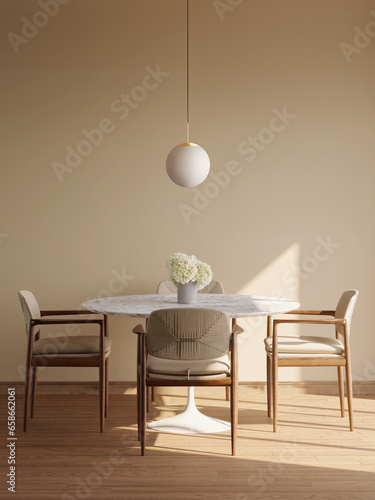 3d rendering of a Dining table with wooden chairs and hanging lamp