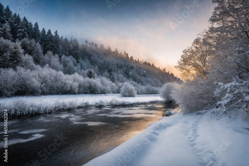Freezing river in a snowy winter forest, snow and ice in nature, beautiful winter landscape © staras