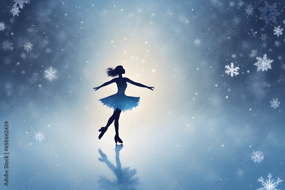 Naklejka premium Winter Magic, a figure skater skating on fantastic ice crystals and snowflakes falling on ice. the subtle blue lighting and snowy atmosphere. Generative AI