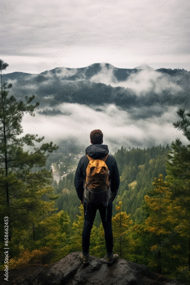 Contemplation of nature alone with your thoughts. A lonely man enjoys the view of the summer mountains while he standing on a mountain peak. Peace and slow life. Hiking and digital detox concept. Contemplation of nature alone with your thoughts. A lonely man enjoys the view of the summer mountains while he standing on a mountain peak. Peace and slow life. Hiking and digital detox concept.
