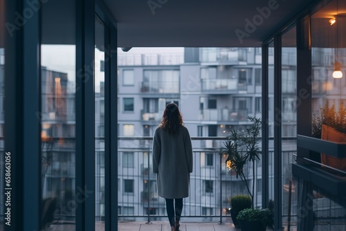 A person, casually dressed and viewed from behind, steps into a modern, sleek city apartment, embarking on an adventure of urban living and contemporary comfort in a bustling metropolis.