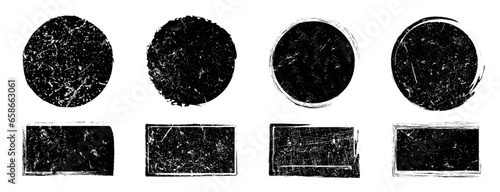Stamp texture. Circle distress ink shape. Certificate badge. Round frames. Rectangle empty labels. Rubber scratch squares. Geometric figures. Postage seals. Black stains. Vector icons set