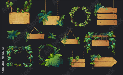 Jungle frames. Wooden game signboard, liana signs for text decoration, creeper and tropical leaves. Rainforest bamboo pointer signs. Isolated signboards. Vector cartoon illustration