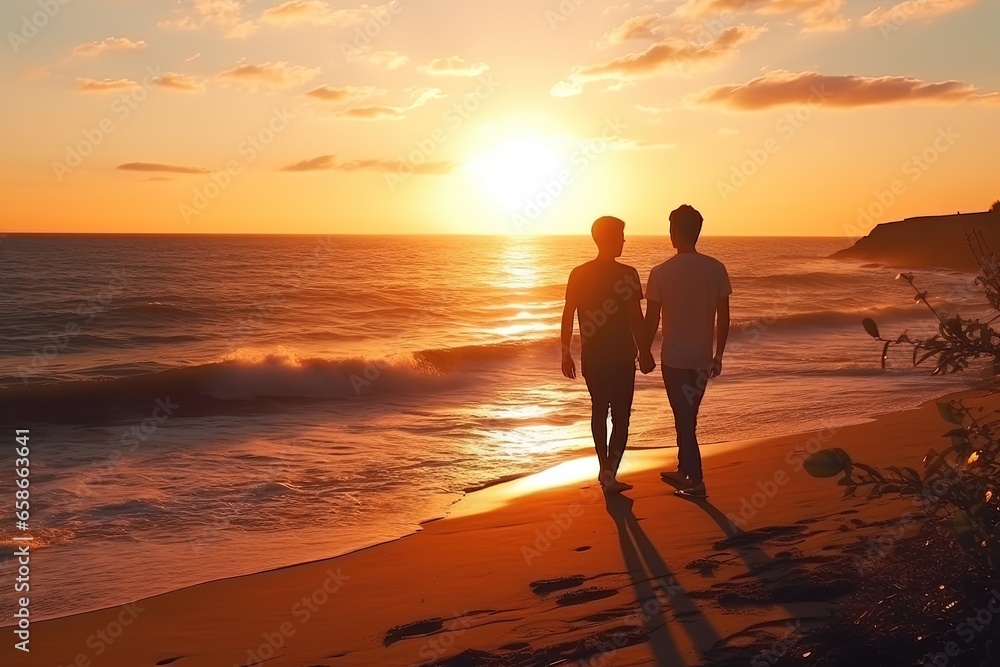 Loving gay couple on the beach during sunset. Summer vacation together. Love, ocean, male couple walking in nature. Romantic moment of a loving couple.