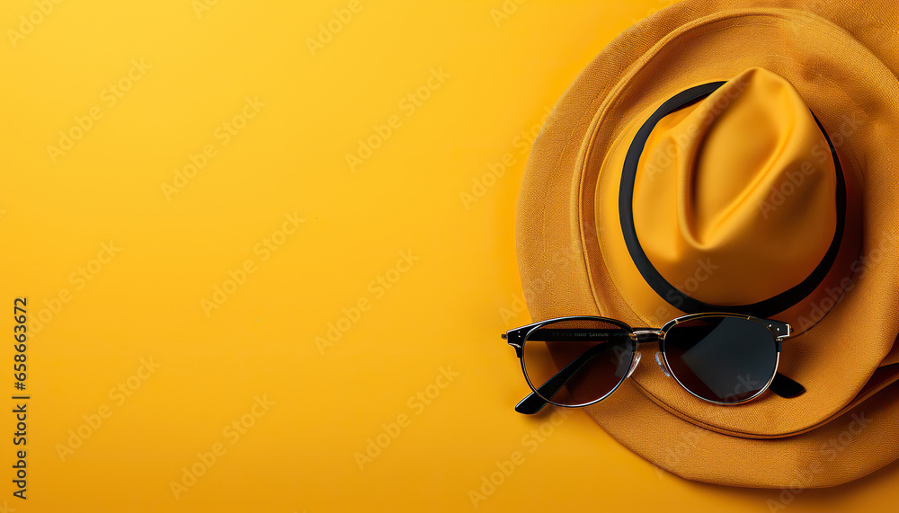 Sunglasses With Hat On Yellow Background - obrazy, fototapety, plakaty 