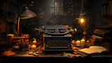 an old typewriter set on a wooden desk with a backdrop of a dimly lit room 