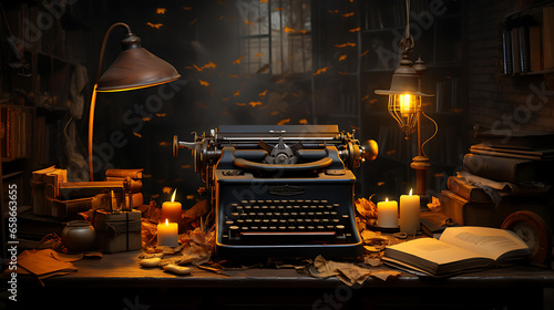 an old typewriter set on a wooden desk with a backdrop of a dimly lit room  photo