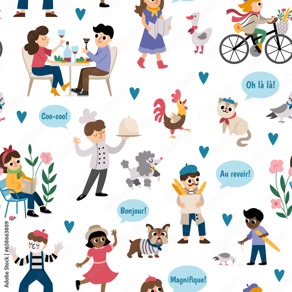 Fototapeta premium Vector seamless pattern with people of France. Repeating background with French men, animals, phrases. Cute Paris digital paper with cockerel, mime, cook, reading woman, boy, baguette.