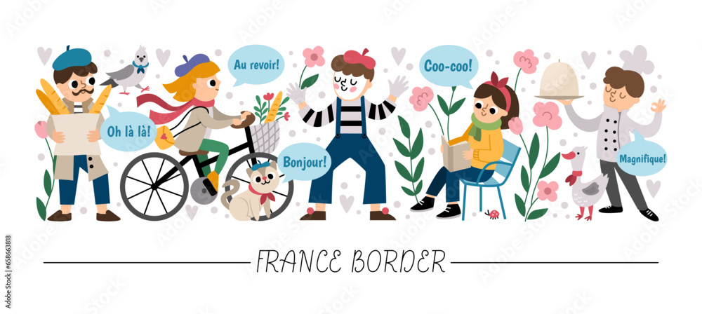 Fototapeta premium Vector horizontal border set with French people. France card template design with cute characters. Funny border with cook, mime, woman riding a bike, reading a book, man with baguette.