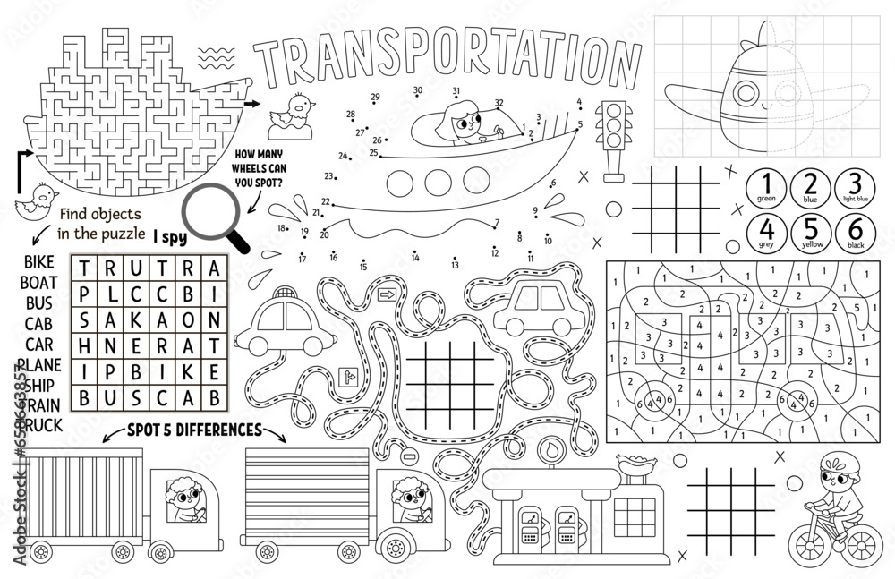 Vector transportation placemat for kids. Transport printable activity mat with maze, tic tac toe chart, connect the dots, find difference. Black and white play mat, coloring page with car, train - obrazy, fototapety, plakaty 