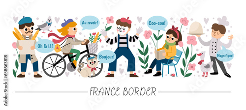 Vector horizontal border set with French people. France card template design with cute characters. Funny border with cook, mime, woman riding a bike, reading a book, man with baguette.