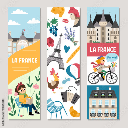 Cute France vertical cards set with Eiffel tower, castle, people, animals, croissant, baguette. Vector cartoon French bookmark print templates. Touristic design with Luxembourg palace.