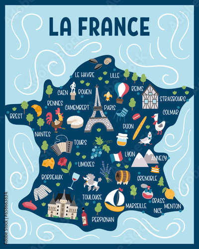 Vector France map. Cartoon postcard with French places of interest, cities, symbols. Touristic attraction background or card design with Paris, Eiffel Tower, castle, animals, nature, tricolor flag.
