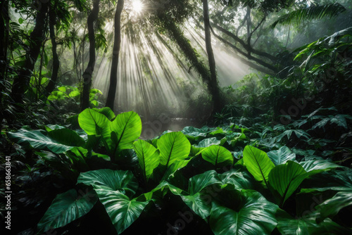 Large green leaves in tropical rainforest  plant growth and environmental protection concept  wet jungle