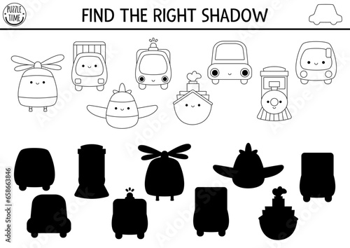 Transportation black and white shadow matching activity. Transport line puzzle with cute kawaii front view car, truck, boat, plane, train. Find correct silhouette worksheet, game, coloring page.