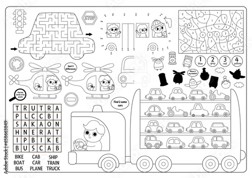 Vector transportation placemat. Transport line printable activity mat with maze, word search puzzle, shadow match, find difference. Black and white play mat, menu, coloring page with cars.