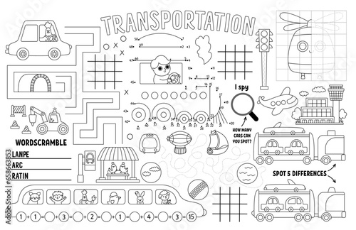 Vector transportation placemat for kids. Transport printable activity mat with maze  tic tac toe chart  connect the dots  find difference. Black and white play mat  coloring page with car  train