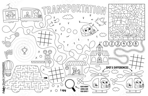 Vector transportation placemat for kids. Transport printable activity mat with maze  tic tac toe chart  connect the dots  find difference. Black and white play mat  coloring page with car  train