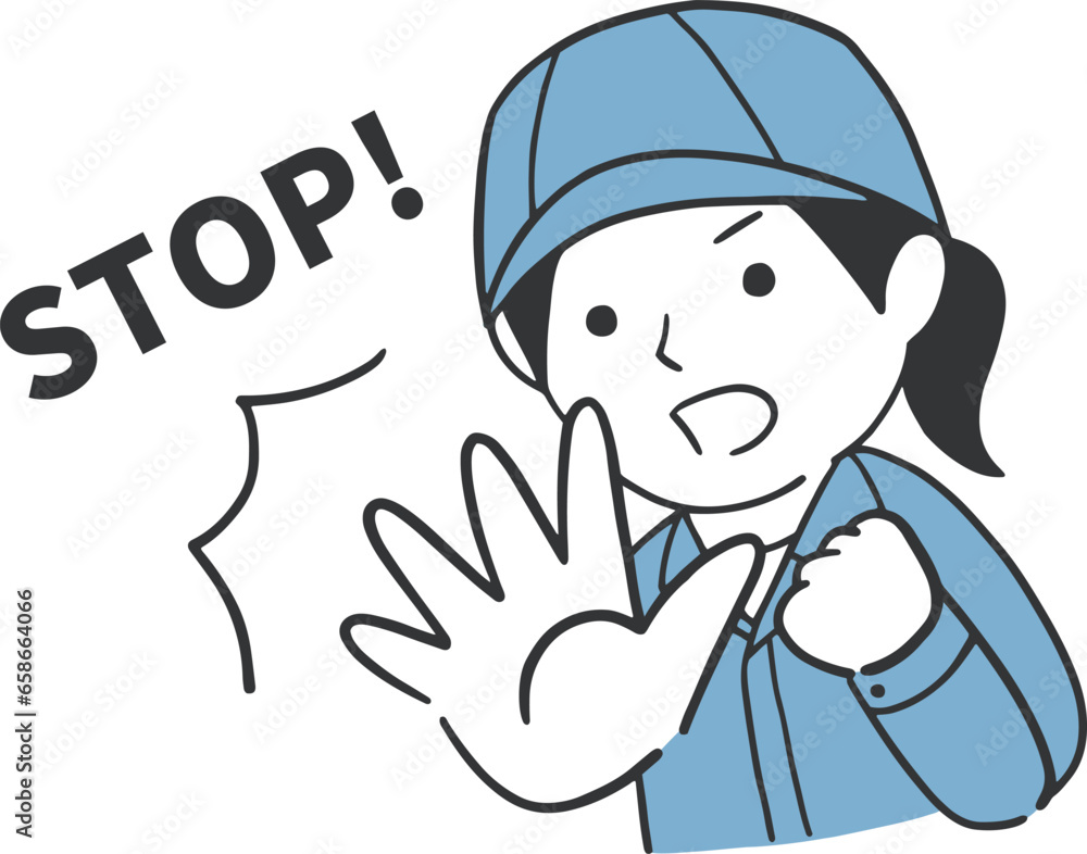 手の平でSTOPをする女性作業員のイラスト素材