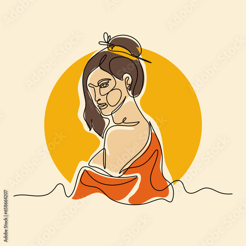 Japanese girl in kimono posing seriously and sternly. A minimalist modern continuous line art portrait. For asthetic prints Concept Vector Illustration