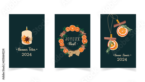 Cartes de vœux de Noel et nouvel an, couronne orange cannelle romarin