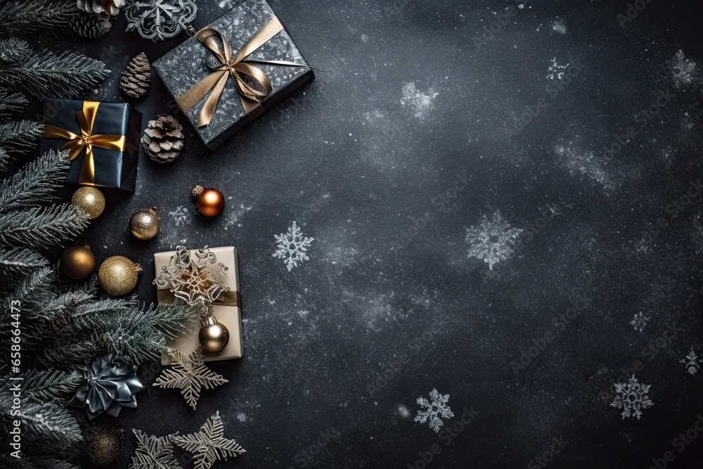 Fototapeta premium Elegant merry christmas decor. Black and gold festive frame. Wintertime magic. Greeting card. Table setting. Vintage xmas composition