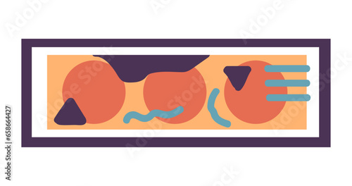 People in gallery. Contemporary art exhibition. Picture on wall. Geometric composition. Modern artwork. Masterpiece show. Circles and triangles. Square frameworks. Vector illustration