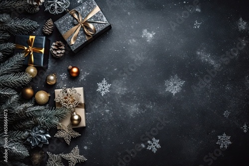Elegant merry christmas decor. Black and gold festive frame. Wintertime magic. Greeting card. Table setting. Vintage xmas composition