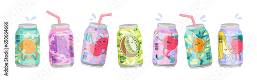 Soda can. Japanese drinks. Fruit flavor. Cute beverage bottle. Kawaii summer orange label. Asian tags. Pineapple or cherry lemonade. Cola aluminum tins set. Vector illustration design