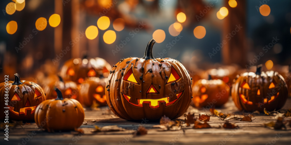 Fototapeta premium Halloween pumpkin head jack o lantern on wooden floor