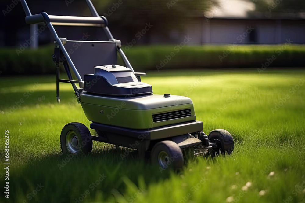lawn mower cuts grass. view of a lawnmower in the mown green grass. AI