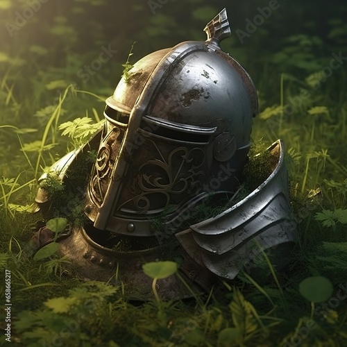 Knight's Respite: A Medieval Helmet Amidst Nature's Bloom,medieval knight helmet