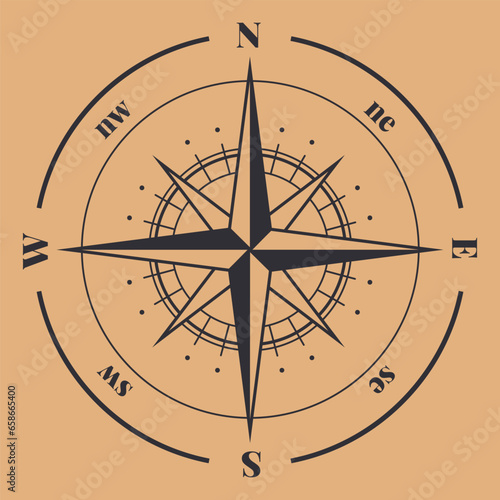 Compass. Wind rose with north orientation, sea navigational equipment antique logo. Cartographic and geographic contour sign. Black silhouette of vintage nautical vector illustration