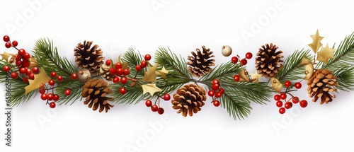 Joyful Holiday Garland: Festive Fir Branches with Gold Stars, Cones, and Red Berries on White