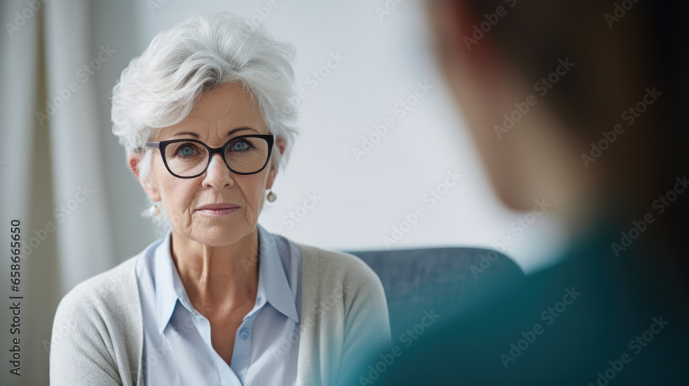 psychology, mental health and people concept - psychologist with notebook and woman patient at psychotherapy session - obrazy, fototapety, plakaty 