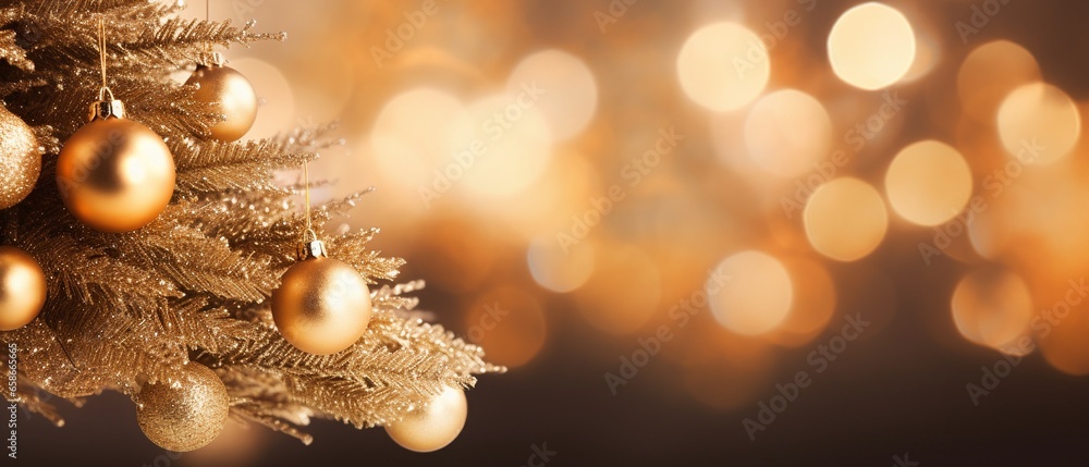 Golden Glow: Close-up of Christmas Tree with Sparkling Baubles