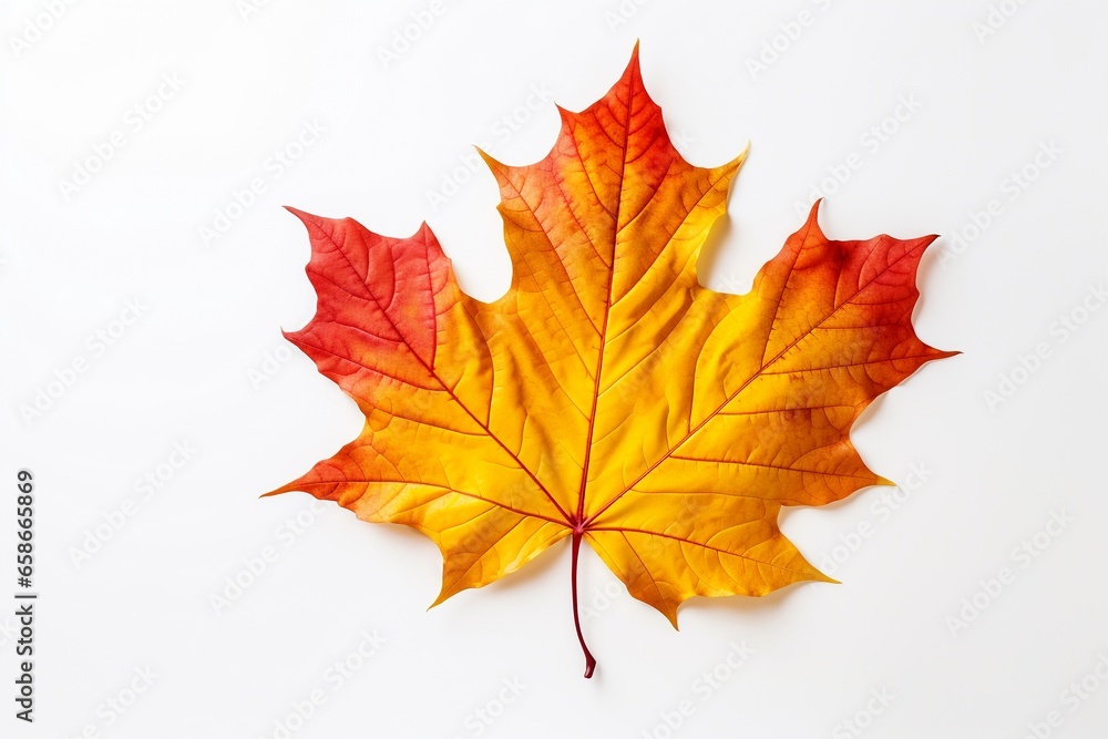 Vibrant Autumn Maple Leaf in Yellow, Orange, and Red Hues on White Background Vibrant Autumn Maple Leaf in Yellow, Orange, and Red Hues on White Background