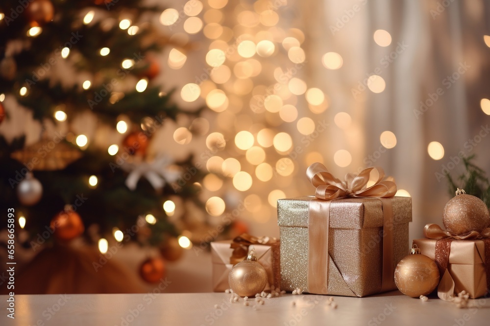 Cozy Christmas Living Room Interior in Warm Brown Tones with Out-of-Focus Tree and Gifts Cozy Christmas Living Room Interior in Warm Brown Tones with Out-of-Focus Tree and Gifts