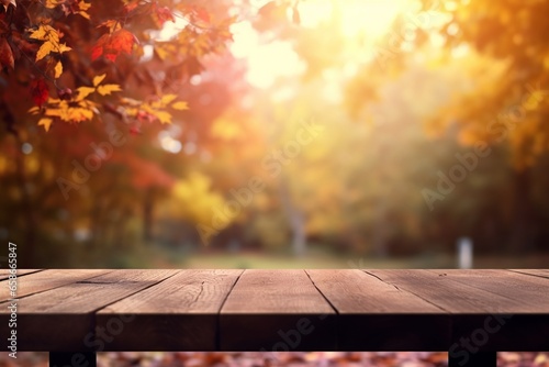 Autumn Mockup: Wooden Planks and a Vibrant Orange Leaf in a Picturesque Park