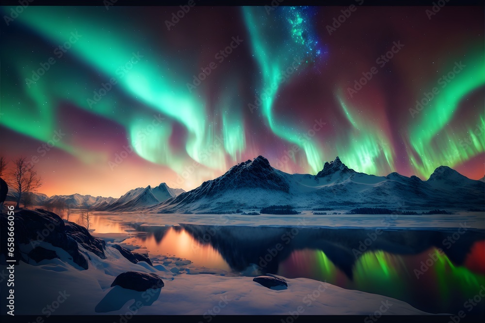 glowing starry sky above many colorful auroras in the sky glowing aurora stony mountains below big lake below many trees on snow background northen light color background super realistic hyper 