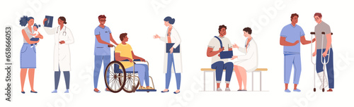 Set of illustrations of trauma doctors and patients. Traumatology medical staff, surgeon, nurse, therapist, orthopedist and other specialists. First aid. Flat cartoon vector characters.