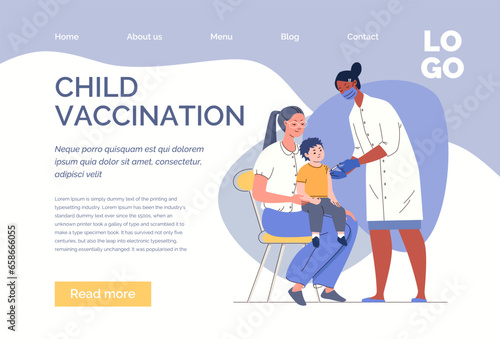 Mother holds her young son on her lap while doctor administers coronavirus vaccine. Scheduled vaccination of children. Vector characters flat cartoon illustration. Web template, landing page, website.