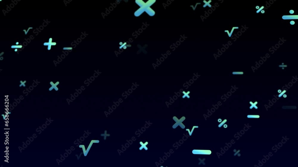 Background with flying math symbols multiplication subtraction division ...