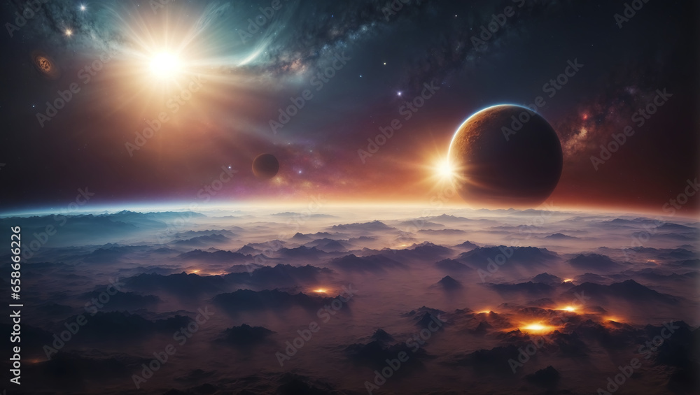 Surface of a distant planet set against a galaxy space background