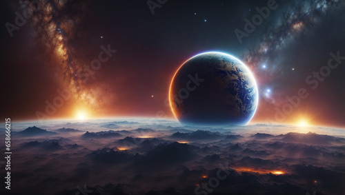 Surface of a distant planet set against a galaxy space background