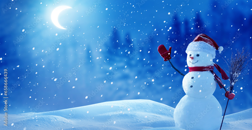 Cute smiling snowman with red scarf and hat with a broom in his hand.Winter fairytale.Merry christmas and happy new year greeting card with copy-space