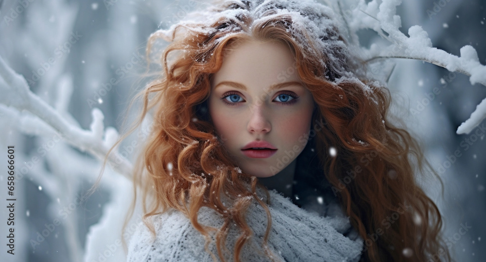 Beautiful winter portrait of a young, sweet girl with red, long hair with her. Middit Cold, snowfall fabulous concept. Bright portrait on a white background winter. Generative AI.