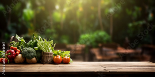 empty wooden table with blurred  vegetables garden view on background ,space for product.