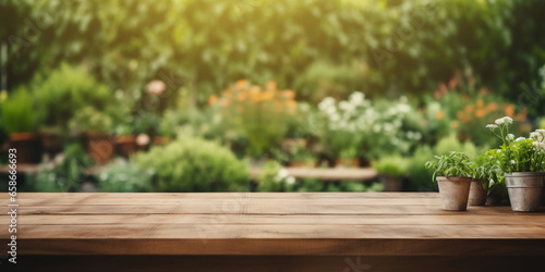 empty wooden table with blurred  vegetables garden view on background ,space for product. © sattawat